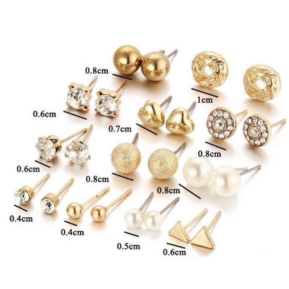 😍12 Pair 14K Gold Silver Simple Classic Crystal Pearl Spark Stud Earrings, F273 - Picture 5 of 9